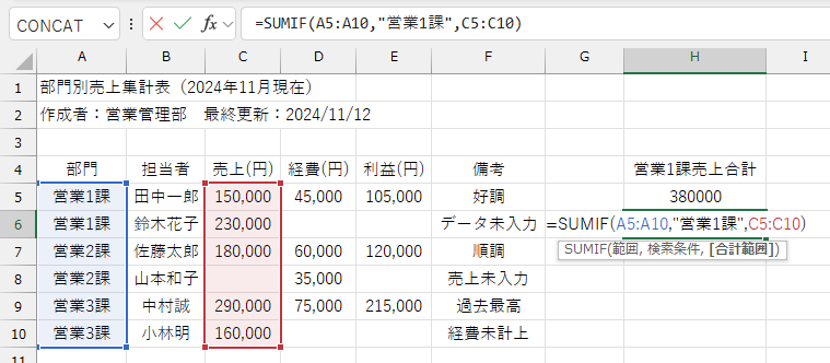 SUMIF関数では、条件範囲内の空白セルは無視され、対応する合計範囲のセルも計算から除外