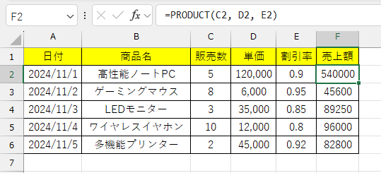 販売数と単価を掛けて売上額を求める時