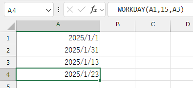 A1から15営業日後の日付を計算したい場合