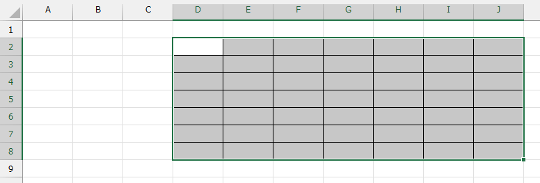 D2:J8セルを選択し、罫線を引いてカレンダーの枠を作りましょう