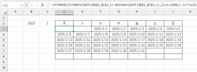 日付の入力 (D3:J8)