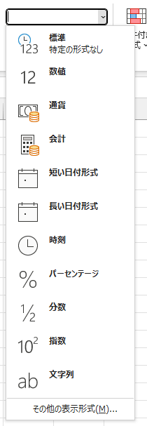 表示形式は「短い日付形式」や「長い日付形式」など色々な種類