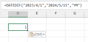 =DATEDIF("2023/4/1","2024/5/15","YM")