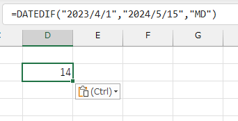 =DATEDIF("2023/4/1","2024/5/15","MD")