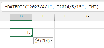 =DATEDIF("2023/4/1", "2024/5/15", "M")