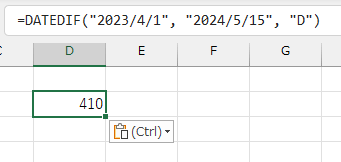 =DATEDIF("2023/4/1", "2024/5/15", "D")