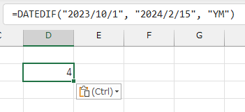 =DATEDIF("2023/10/1", "2024/2/15", "YM")