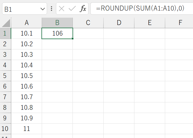 =ROUNDUP(SUM(A1:A10),0)