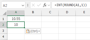 =INT(ROUND(A1,1))