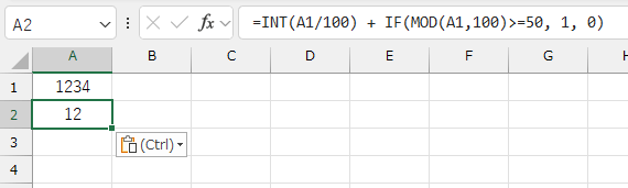 =INT(A1/100) + IF(MOD(A1,100)>=50, 1, 0)