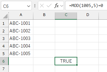 =MOD(1005,5)=0