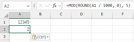 =MOD(ROUND(A1 / 1000, 0), 5)